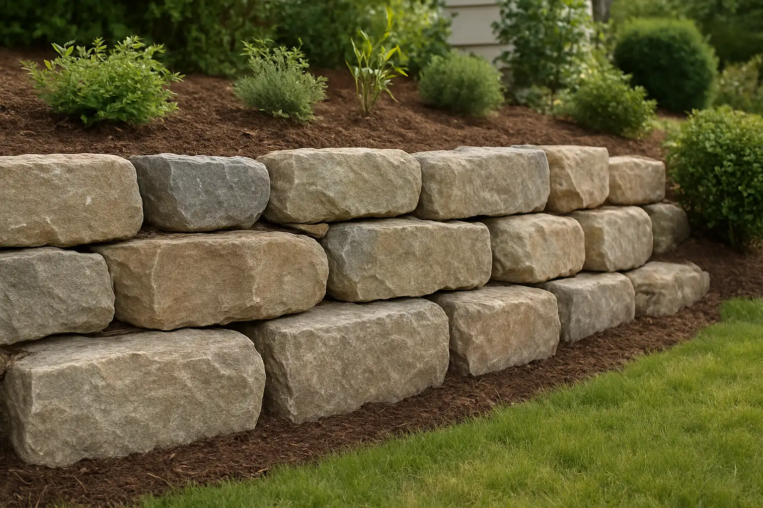 Enrochement en pierres naturelles pour stabiliser un talus dans un jardin de maison