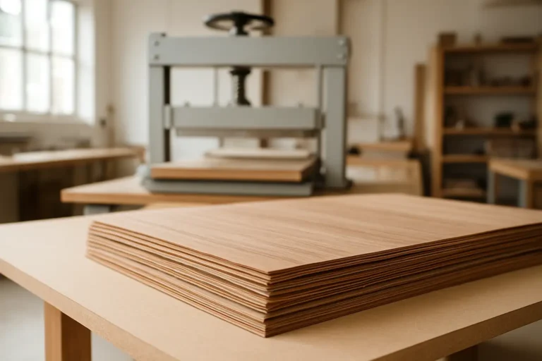 Feuilles de placage bois sur panneau de support dans un atelier de menuiserie