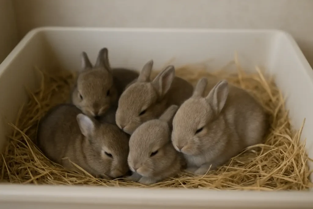 Lapins bébé blottis dans un nid de foin sec