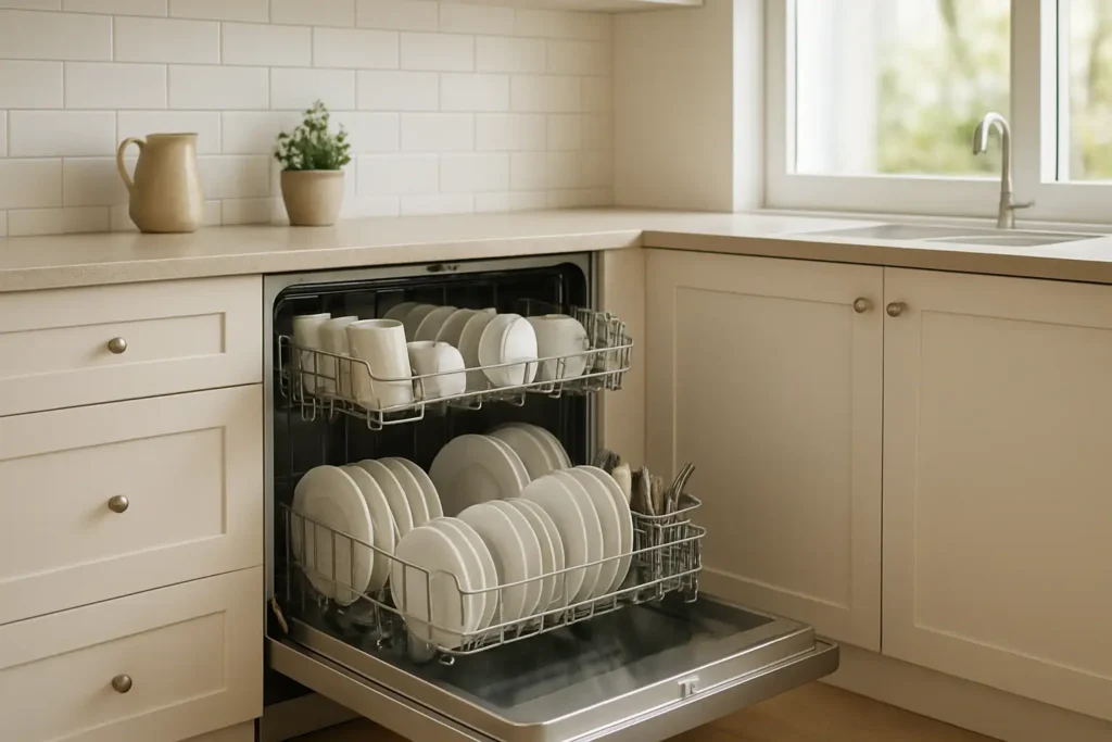 Lave-vaisselle Valberg ouvert dans une cuisine moderne avec la vaisselle rangée à l’intérieur