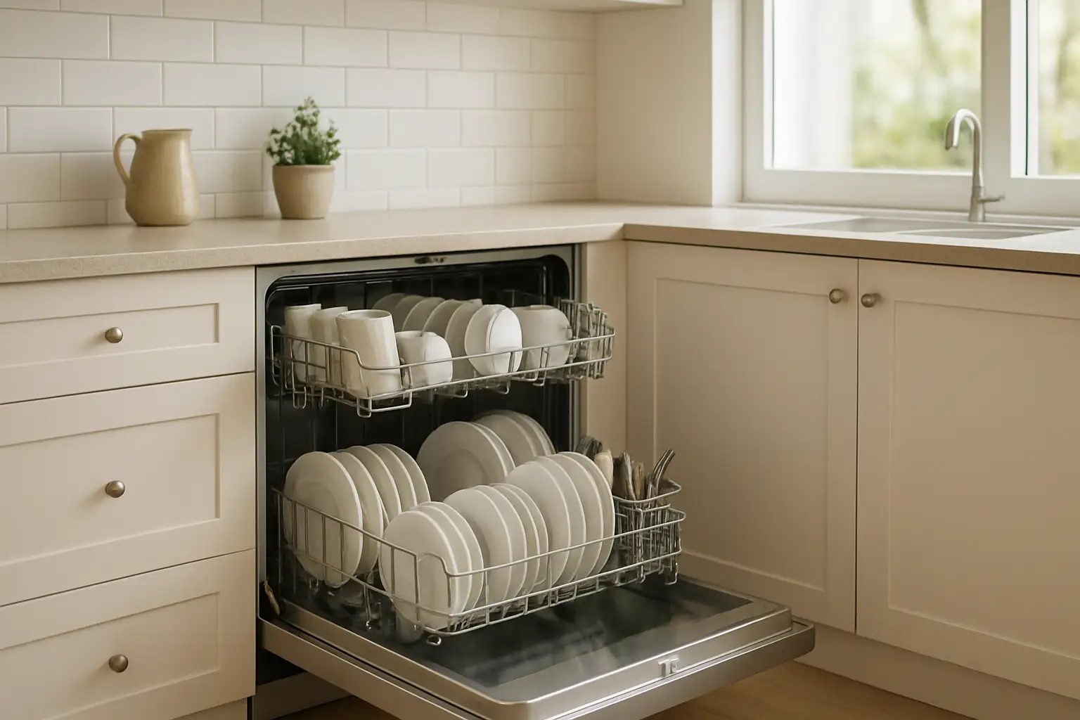 Lave-vaisselle Valberg ouvert dans une cuisine moderne avec la vaisselle rangée à l’intérieur