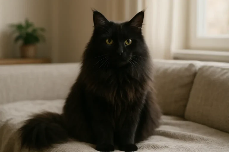 Maine Coon noir au pelage long et dense dans un intérieur lumineux
