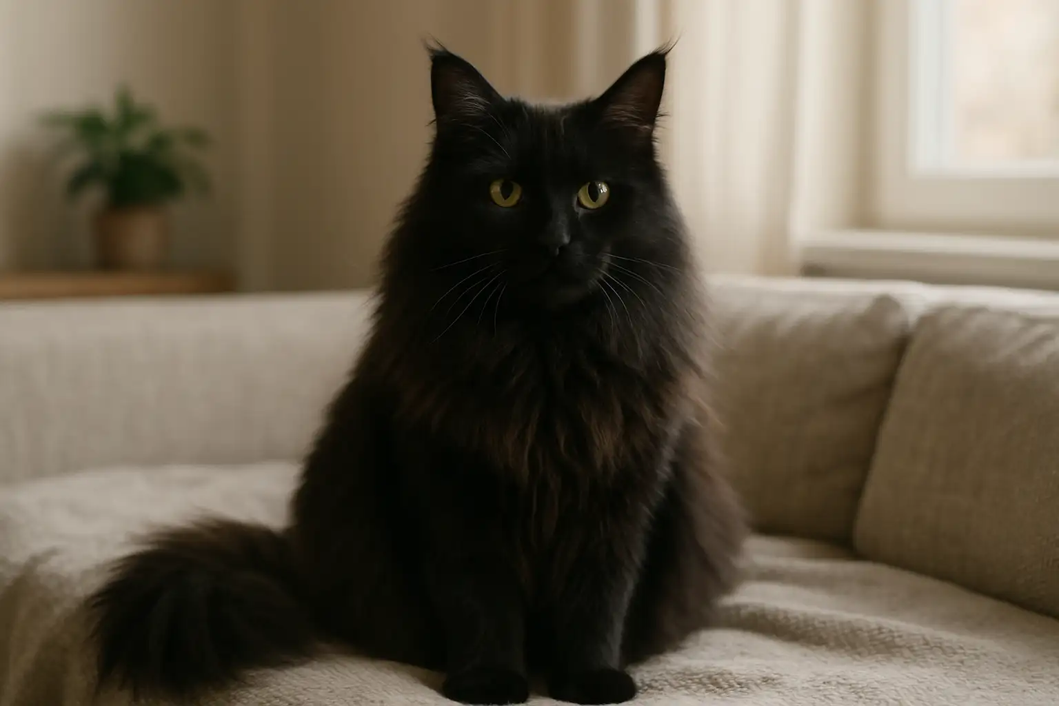 Maine Coon noir au pelage long et dense dans un intérieur lumineux