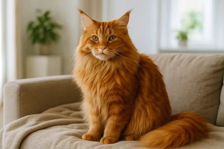 Main coon roux assis sur un canapé dans un intérieur lumineux