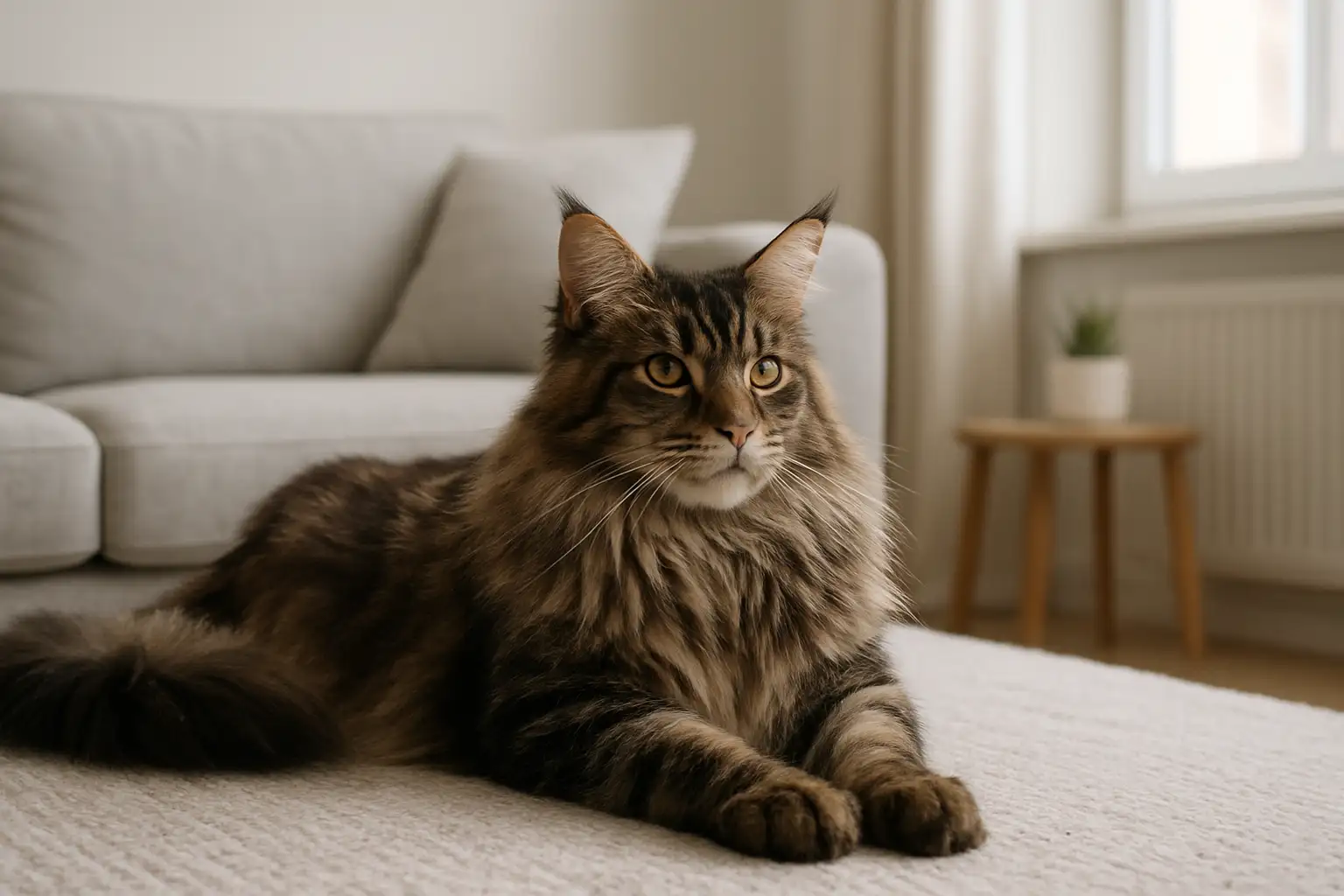 Grand chat Maine Coon à poil long dans un intérieur moderne, illustrant le prix d’un Maine Coon XXL