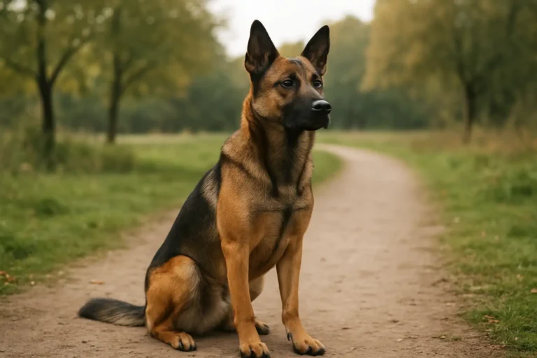 Chien malinois croisé berger allemand dans un parc, au pelage fauve et noir