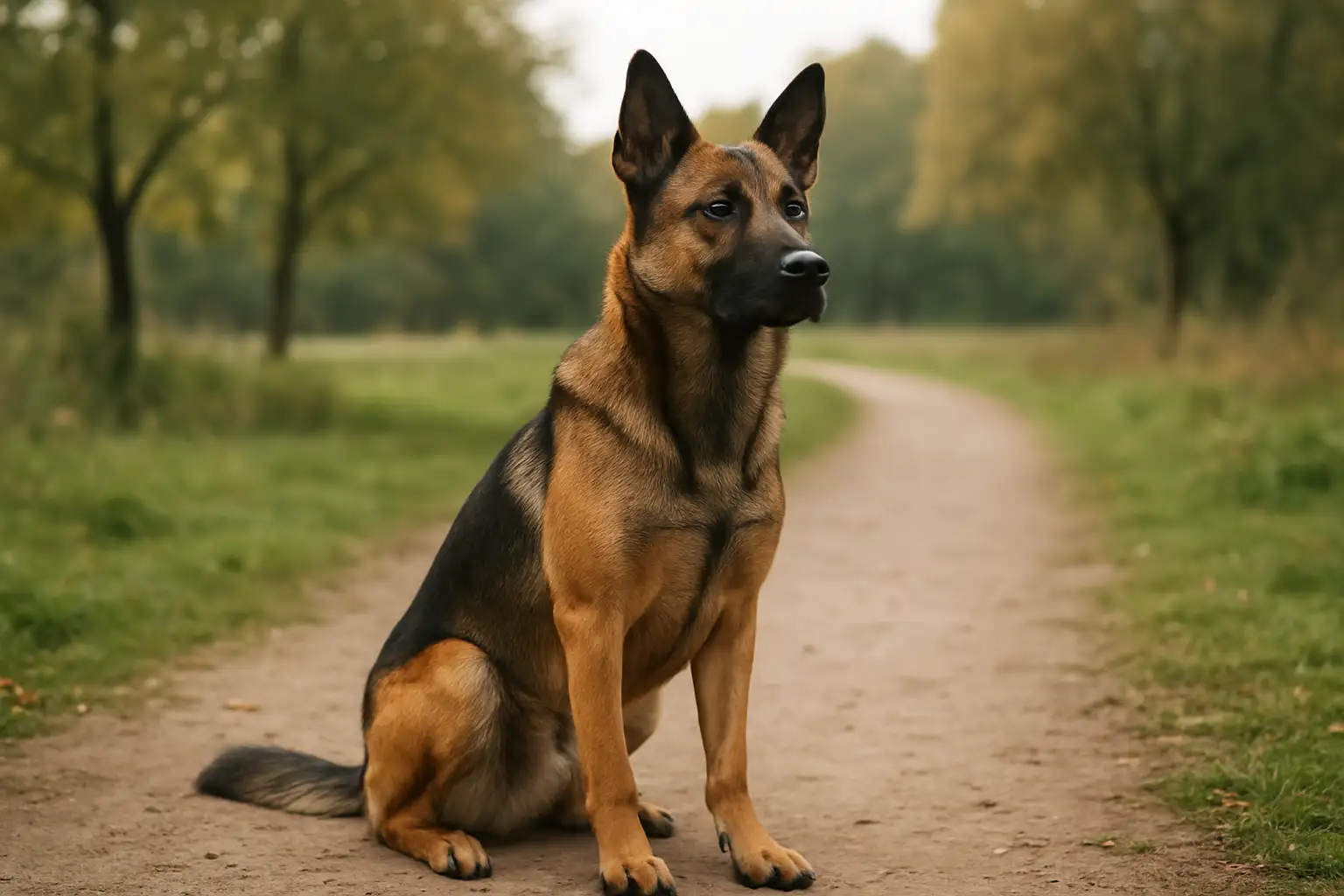 Chien malinois croisé berger allemand dans un parc, au pelage fauve et noir