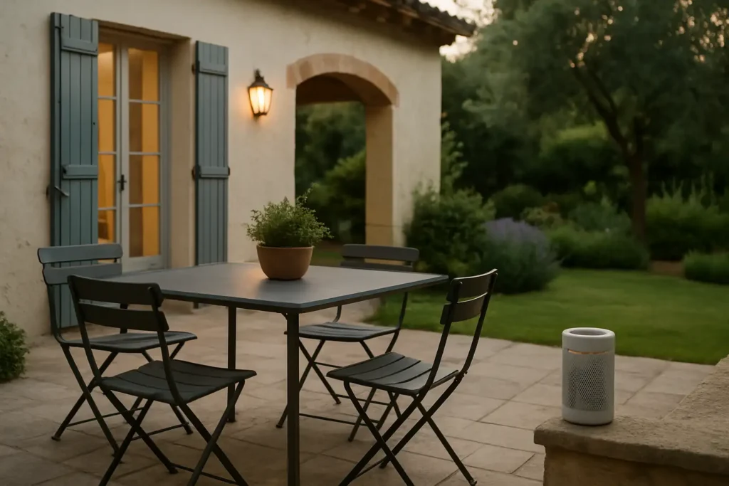 Appareil anti moustique extérieur posé sur une terrasse de maison