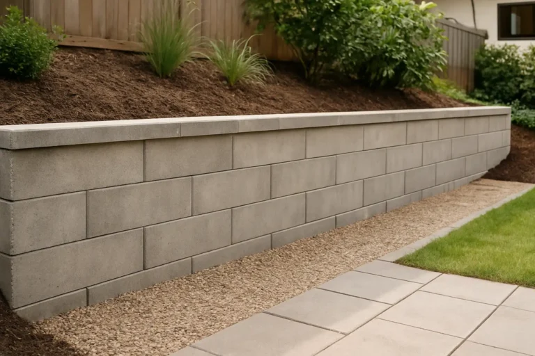 Mur de soutènement en béton dans un jardin en pente avec terre retenue