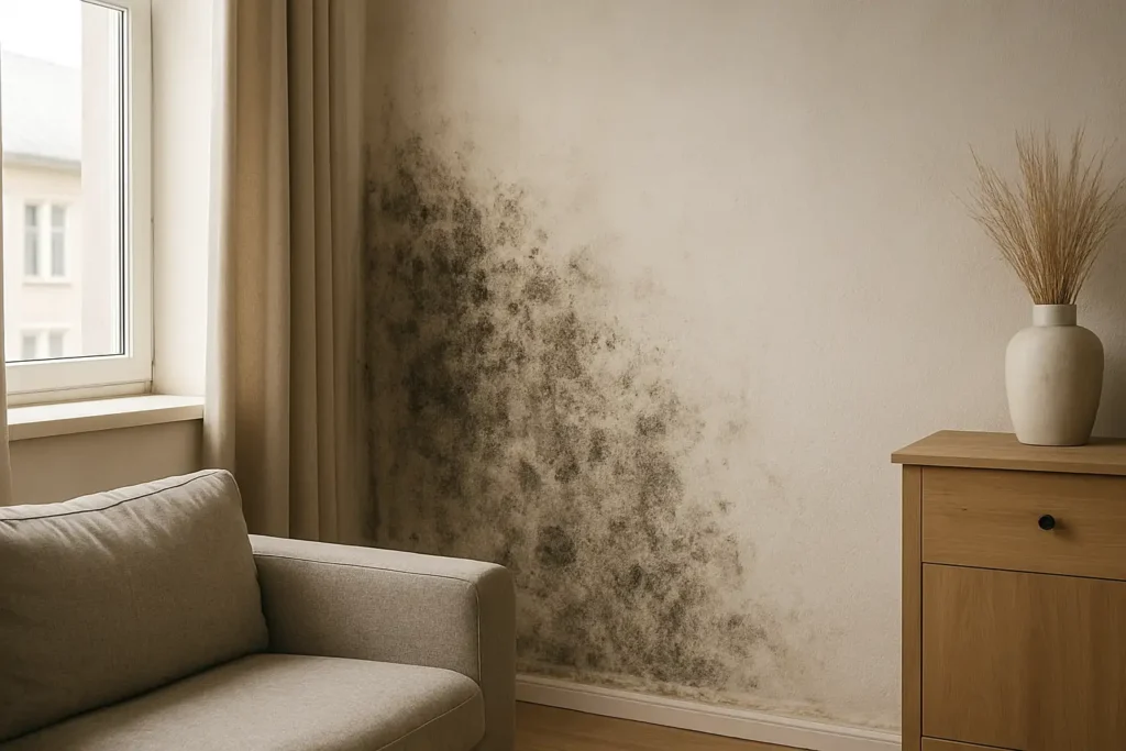 Mur moisi dans une pièce de maison avec traces d’humidité visibles