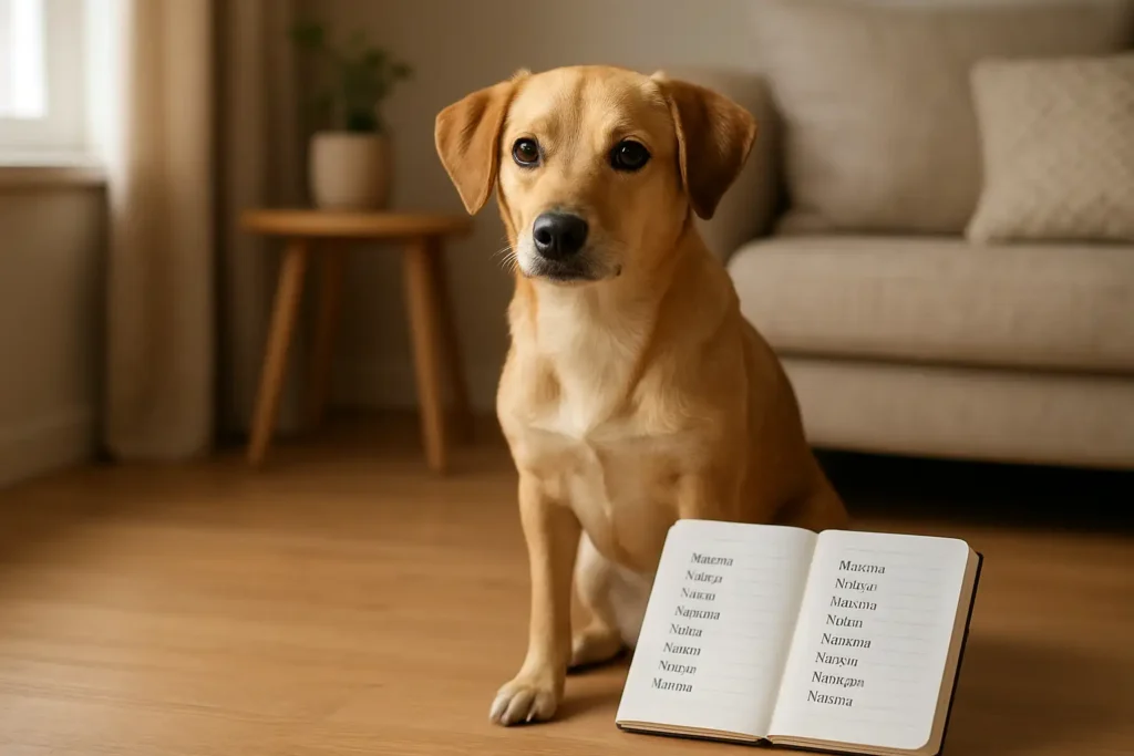 Chien assis près d’un carnet avec des idées de nom de chien en V
