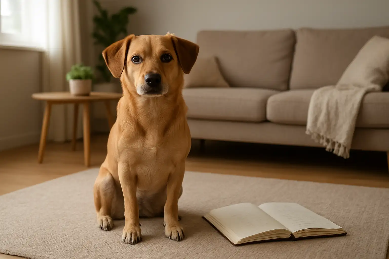 Chien de compagnie devant une liste de noms originaux en A dans un intérieur chaleureux