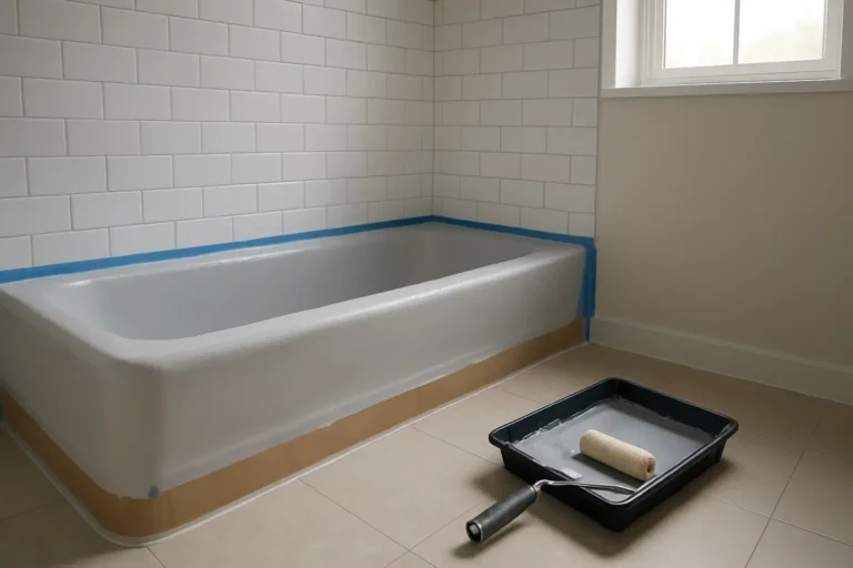 Baignoire en cours de peinture dans une salle de bains en rénovation