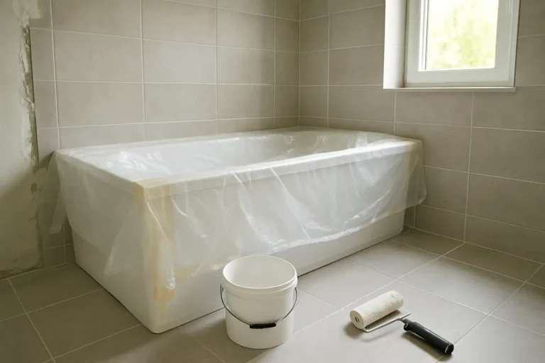Baignoire en cours de rénovation avec peinture et matériel de préparation dans une salle de bain