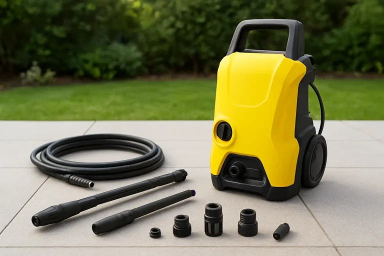 Pièces détachées pour Karcher posées à côté d’un nettoyeur haute pression dans un jardin