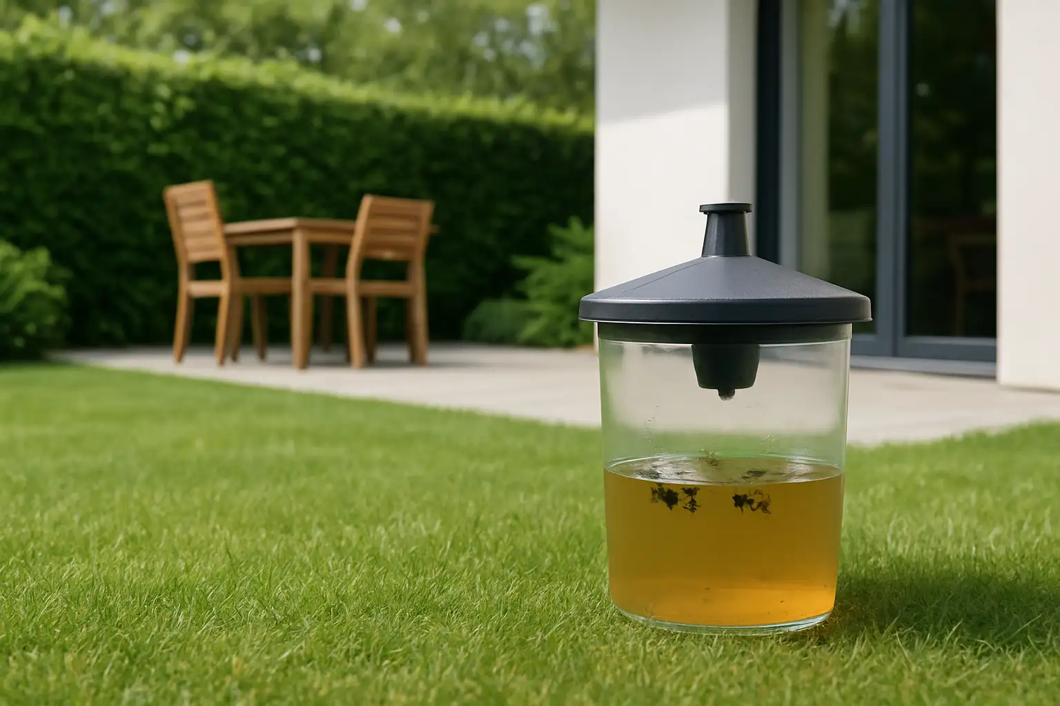 Piège à guêpes placé près d’une terrasse de maison dans un jardin