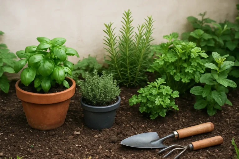 Plantes aromatiques cultivées au jardin dans des pots et en pleine terre