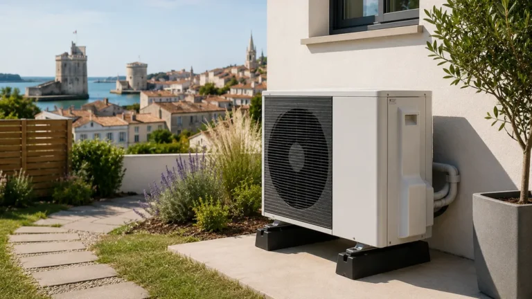 Pompe à chaleur installée devant une maison avec vue sur le port de La Rochelle