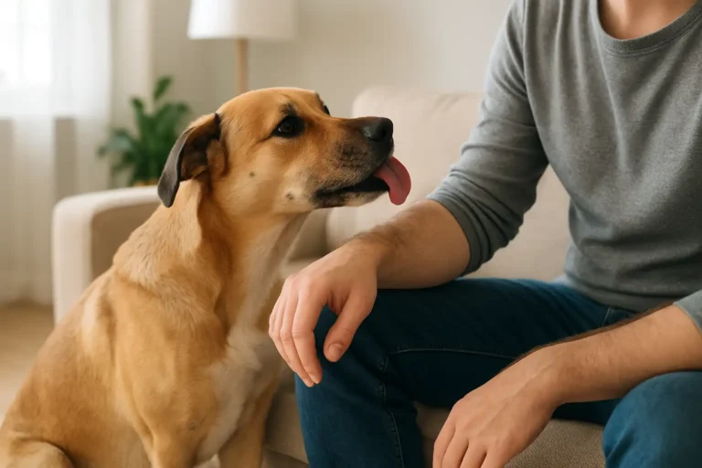 Un chien lèche doucement la main de son propriétaire dans un salon, illustrant les raisons de ce comportement