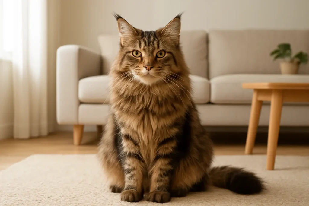 Chat Maine Coon dans un intérieur lumineux illustrant le prix et l’adoption de cette race