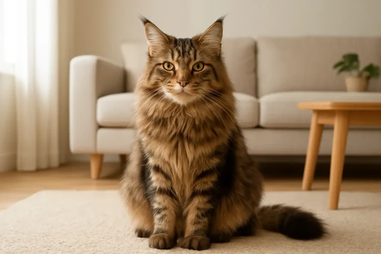 Chat Maine Coon dans un intérieur lumineux illustrant le prix et l’adoption de cette race