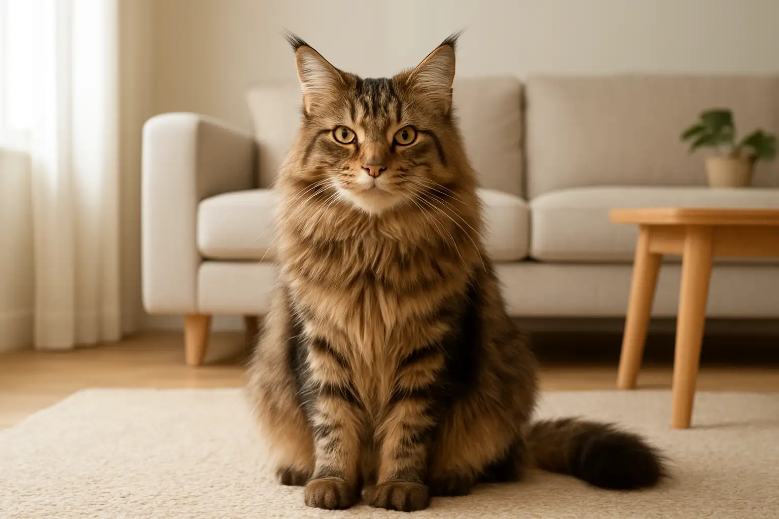 Chat Maine Coon dans un intérieur lumineux illustrant le prix et l’adoption de cette race