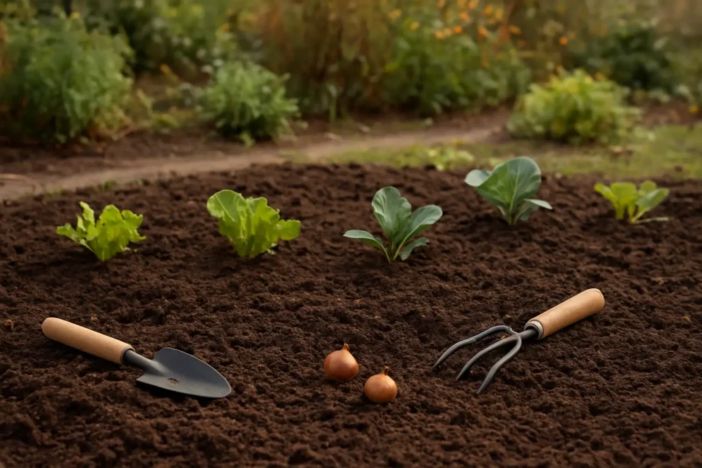 Jardin potager en septembre avec jeunes plants, bulbes et terre préparée pour les plantations d’automne