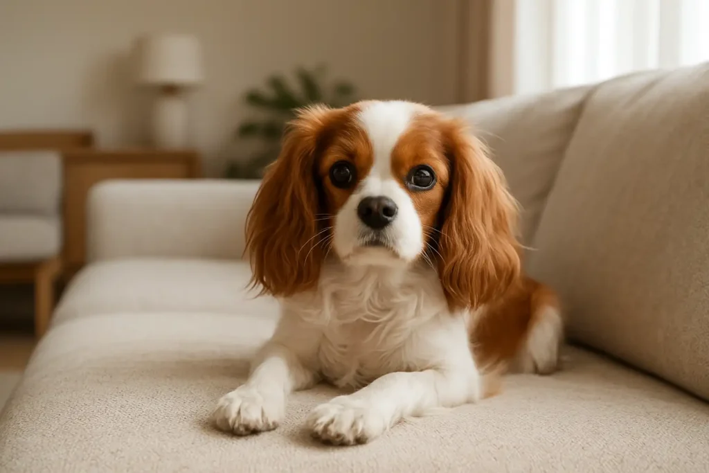 Petit chien mignon au pelage doux posé sur un canapé dans un intérieur lumineux