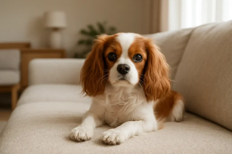Petit chien mignon au pelage doux posé sur un canapé dans un intérieur lumineux