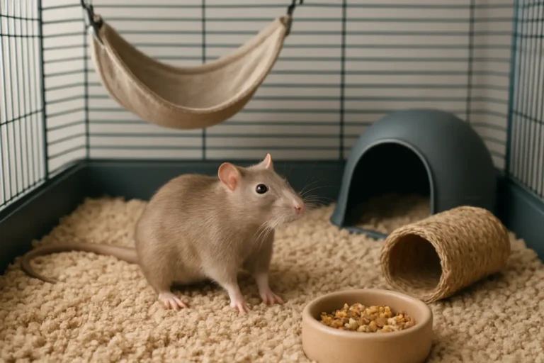 Ratte domestique dans une cage propre avec accessoires adaptés et nourriture