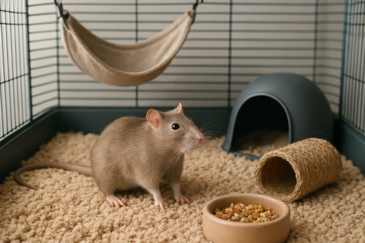 Ratte domestique dans une cage propre avec accessoires adaptés et nourriture