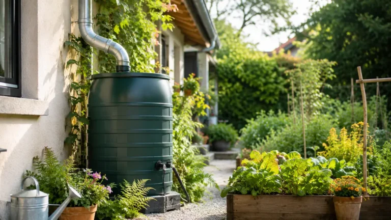Récupérateur d’eau de pluie installé près d’une maison avec jardin potager écologique