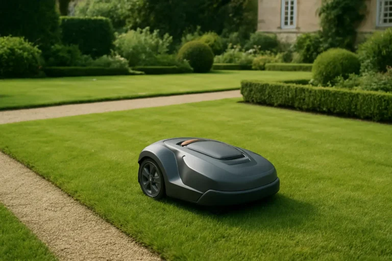 Robot tondeuse dans un jardin soigné, illustrant un avis sur Kress