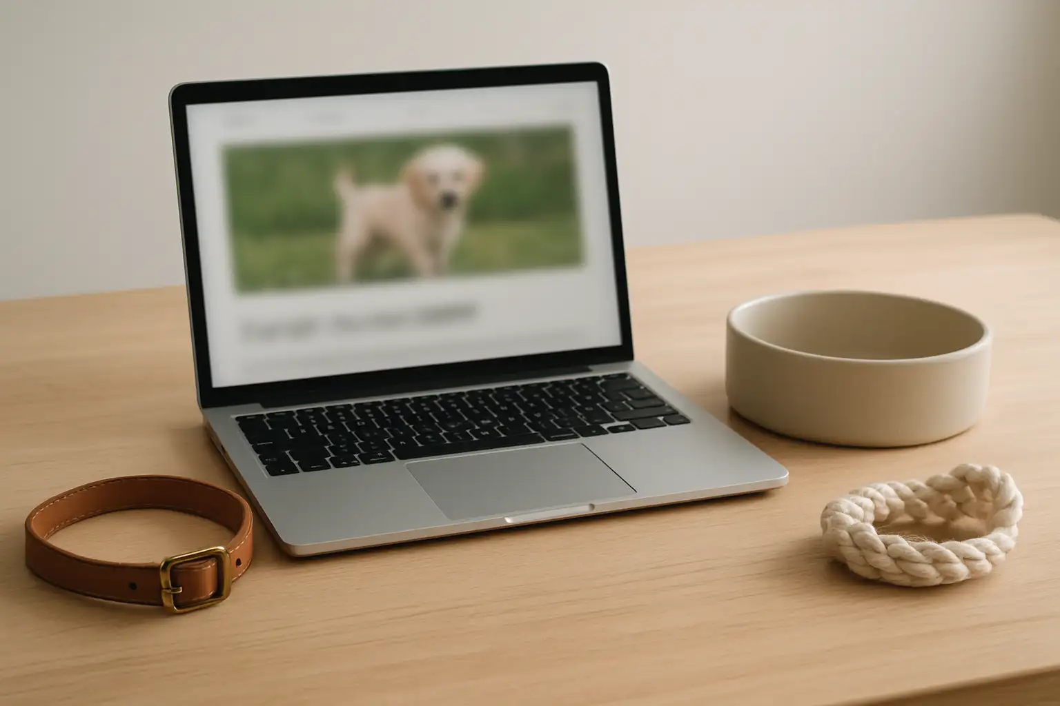 Ordinateur affichant un terme ambigu dans un contexte lié aux animaux, avec accessoires de compagnie sur une table