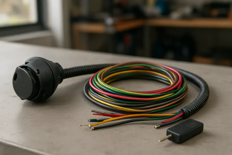 Schéma et branchement d’une prise remorque avec connecteur et fils électriques sur un établi