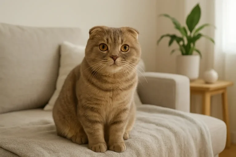Chat Scotland Fold assis calmement dans un intérieur lumineux