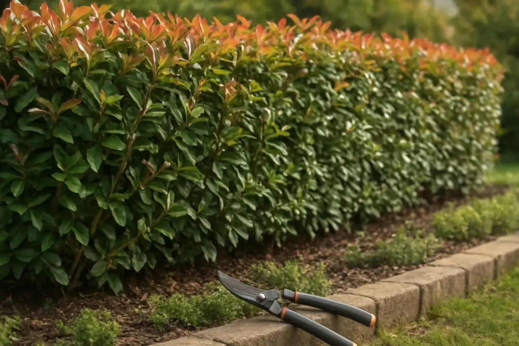 Haie de photinias taillée dans un jardin, avec branches fraîchement coupées