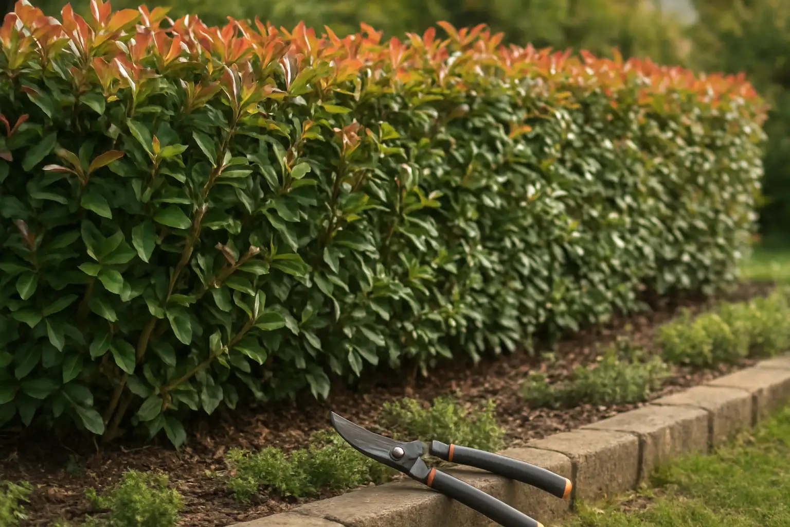 Haie de photinias taillée dans un jardin, avec branches fraîchement coupées