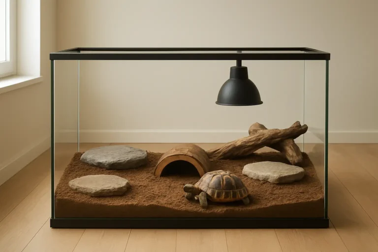 Terrarium à tortue bien aménagé avec substrat naturel, cachette et éclairage adapté