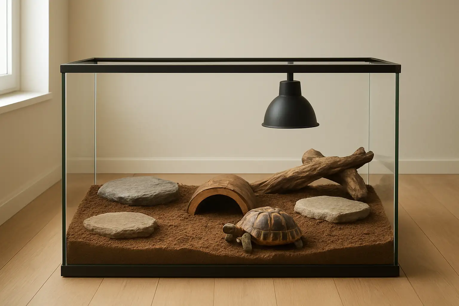 Terrarium à tortue bien aménagé avec substrat naturel, cachette et éclairage adapté
