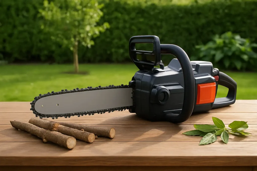 Tronçonneuse à batterie dans un jardin avec des branches coupées
