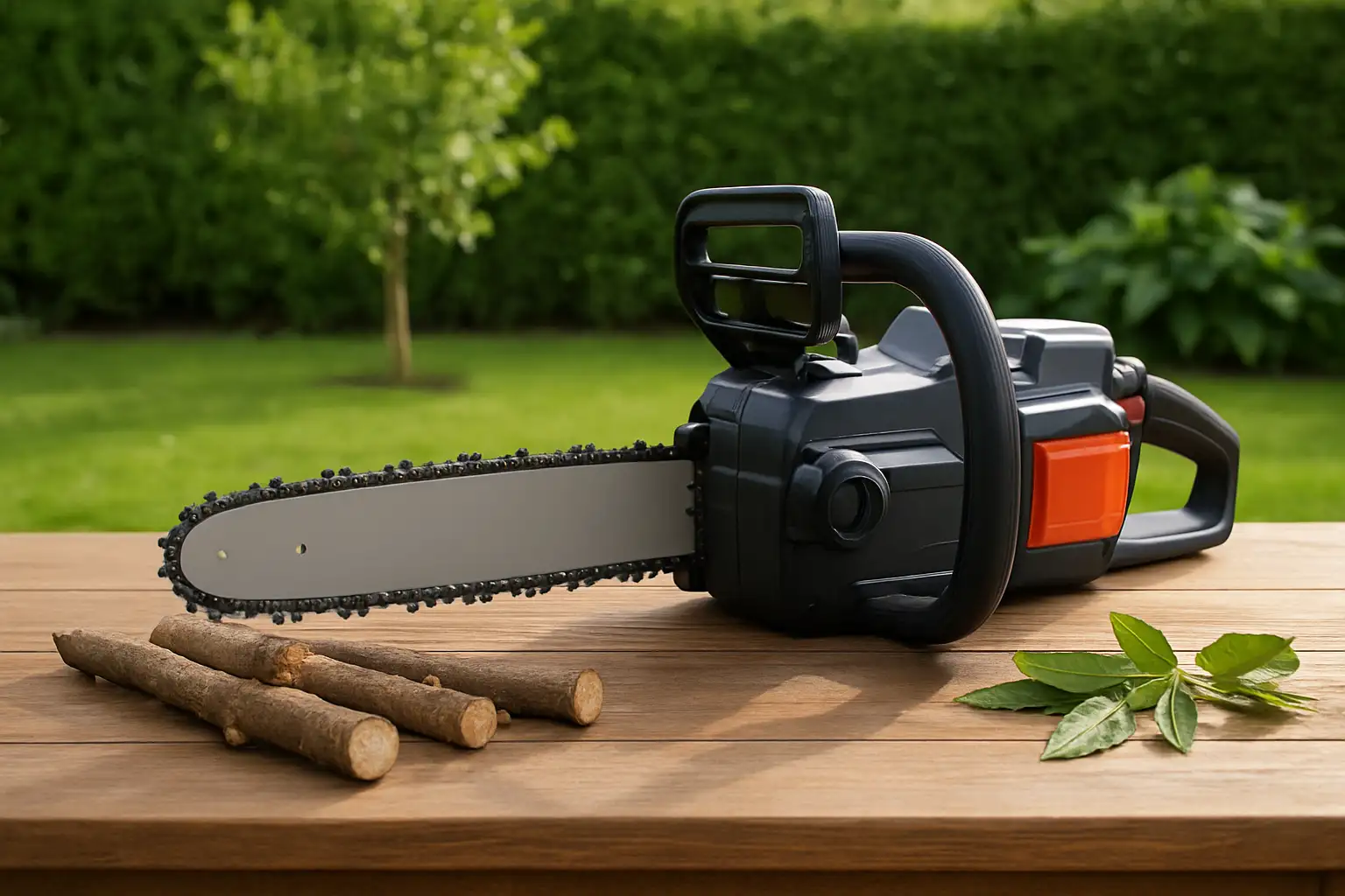 Tronçonneuse à batterie dans un jardin avec des branches coupées
