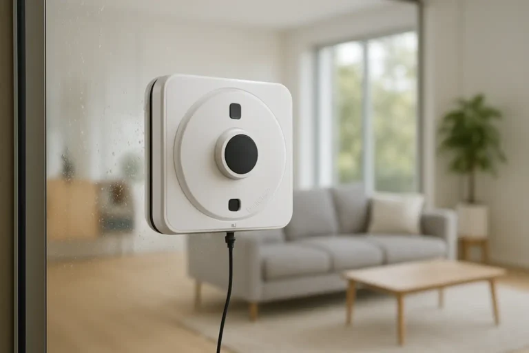 Robot lave-vitre en fonctionnement sur une grande baie vitrée dans une maison moderne