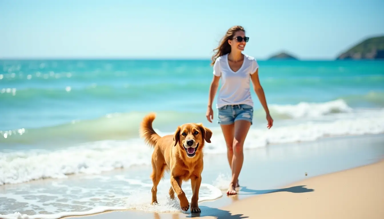 Chien heureux courant au bord de la mer avec une femme en arrière-plan sur une plage ensoleillée