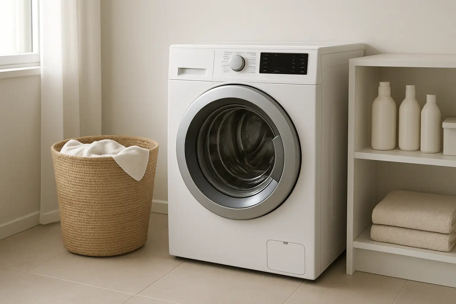 Machine à laver domestique installée dans une buanderie moderne et lumineuse