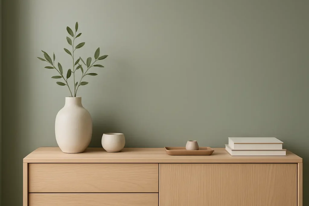 Décoration intérieure avec une teinte vert de gris sur un mur et des accessoires sobres
