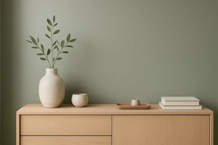 Décoration intérieure avec une teinte vert de gris sur un mur et des accessoires sobres