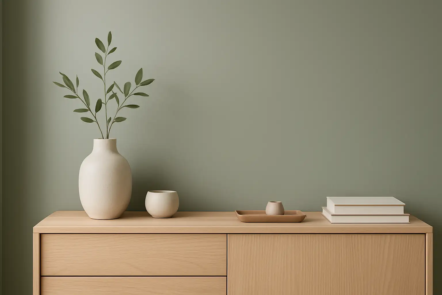 Décoration intérieure avec une teinte vert de gris sur un mur et des accessoires sobres