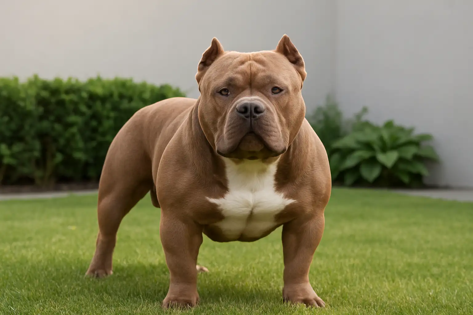 Chien XXL Bully de grande taille dans un jardin, vue réaliste et naturelle