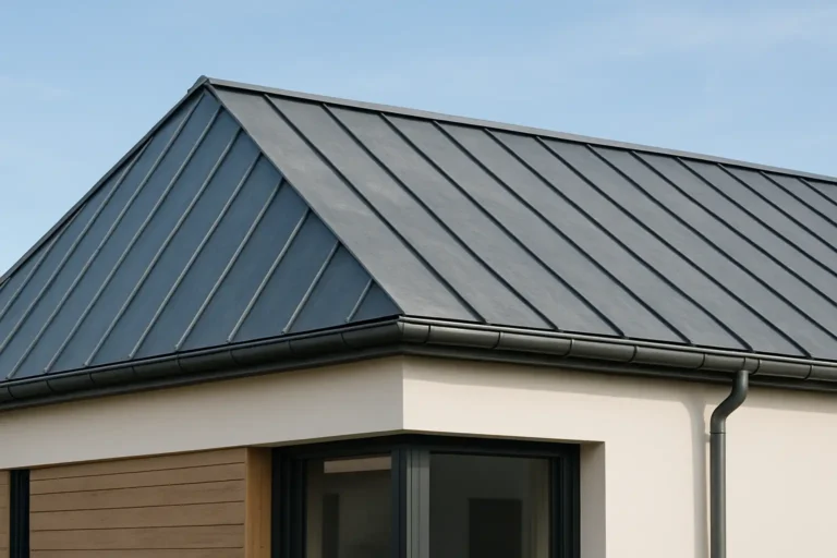 Toiture en zinc sur une maison contemporaine avec raccords visibles